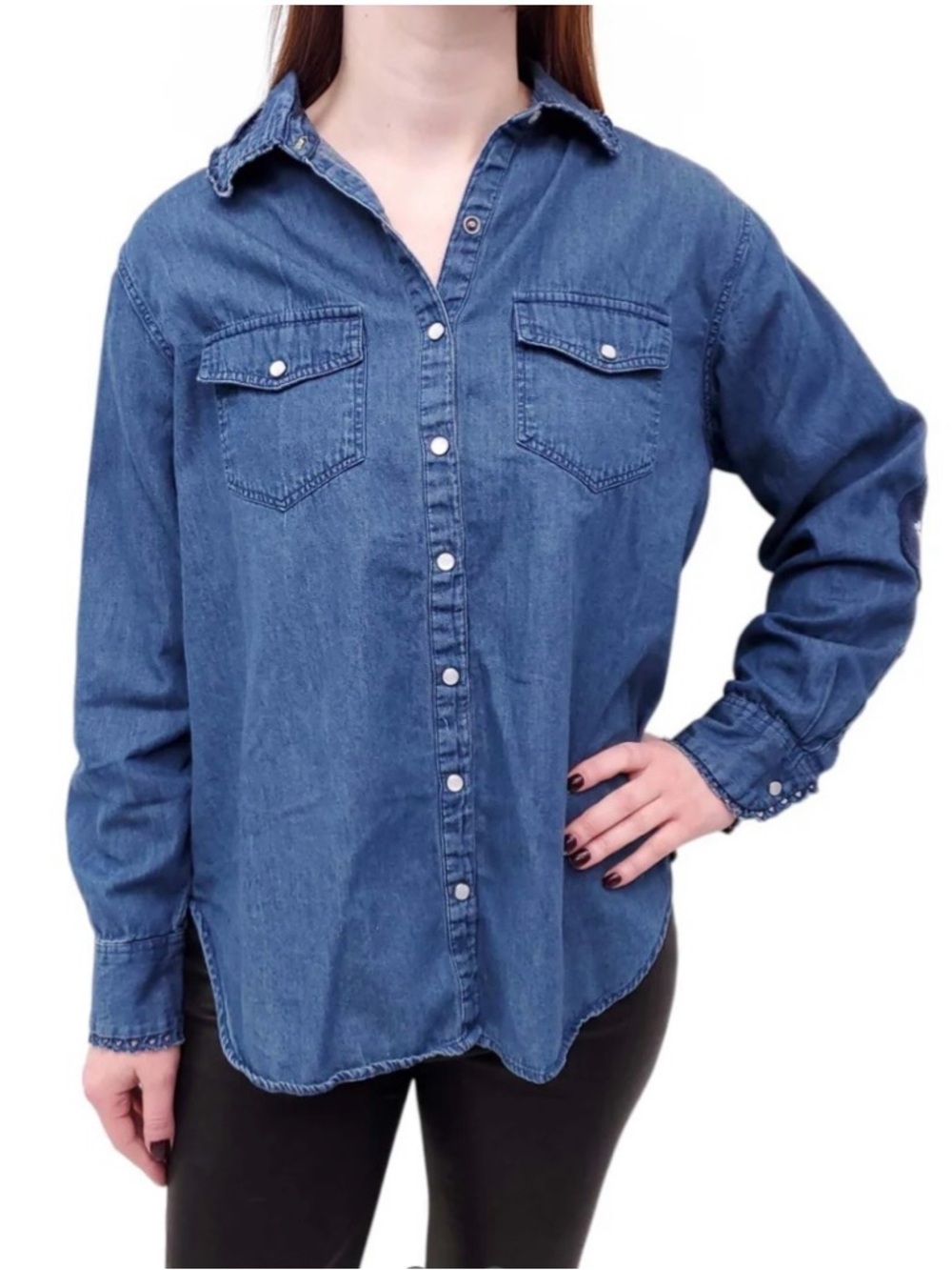 Kerri Rosenthal Smiley Face Patchwork  Blue Denim Button-Front Shirt
